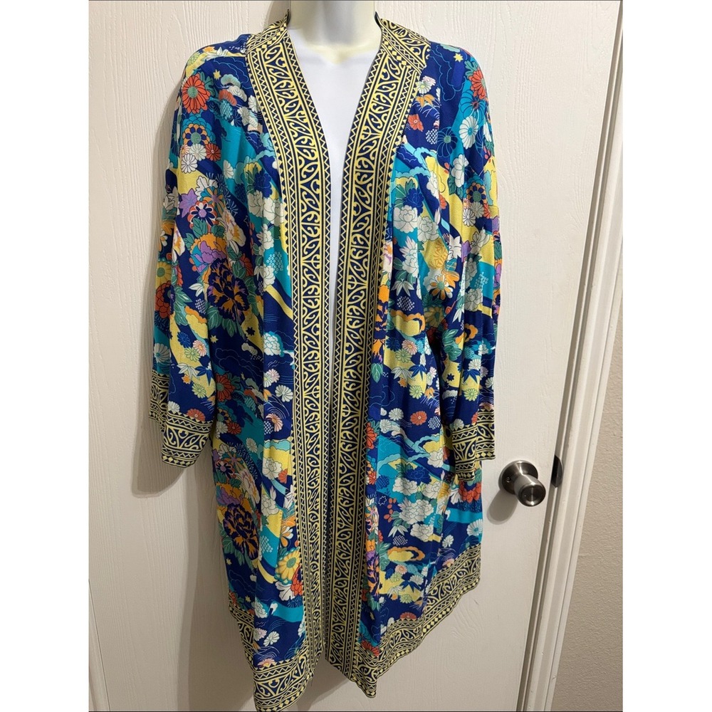 Soft Surroundings Kimono Open Front Vibrant Bright Floral Cardigan Lrg Colorful